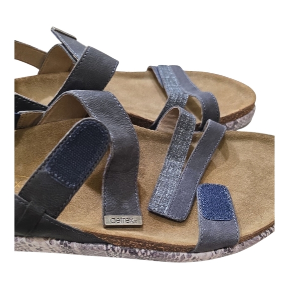 Aetrex Bethany Comfort Sandals Adjustable Straps 10 Navy Snake Leather Cork - Picture 5 of 8